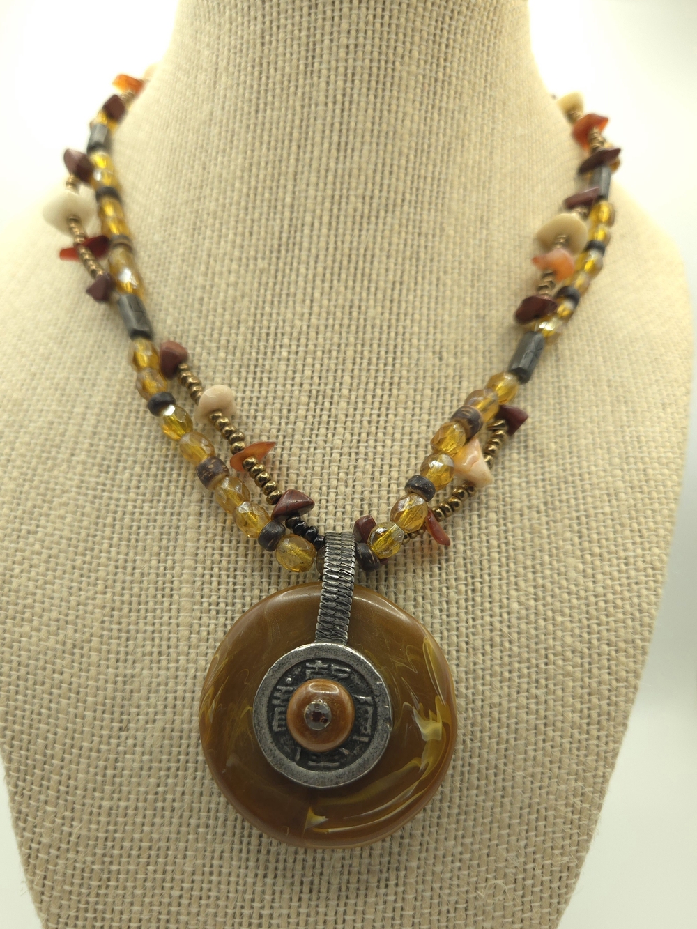 Vintage Chico's Brown Orange Yellow Multi-Bead Necklace Asian Stone Ethnic Boho